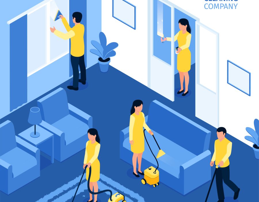 Cleaning company isometric background with team of employees in uniform working with different cleaning gadgets in living room vector illustration